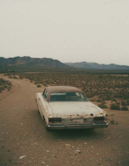 polaroid film photography, faded film, soft focus, film grain, a 1970s car standing on a gravel road, hills, haze, 4k, uhd, masterpiece