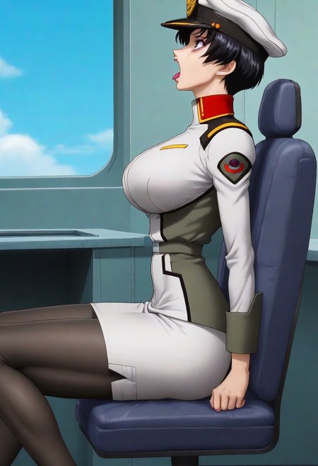 score_9, score_8_up, score_7_up, zPDXL3, Expressiveh, source: anime, anime screencap, anime coloring, natarle, 1girl, solo, blue sky, purple eyes,black hair,short hair, purple lips, perfect face, detailed face, perfect lips, ultra-detailed eyes, detailed hair, (perfect anatomy, perfect proportions), large breasts, ultra-narrow waist, ultra-fit figure, ultra-flared hips, ultra-round ass, butt crack, tight ass, shapely legs, peaked cap, military uniform, skirt, pantyhose, boot, indoors, detailed backgrounds, science fiction, naval warship interior, modern warship, command bridge, sitting in captain's chair, leaning back on chair, sci-fi consoles, crew in background, shouting, open mouth, tongue out, grasping the edges of her seat, arched back, head back, expressive, shriveling, motion lines, jerking back, focus on female, sexually suggestive, viewed from side