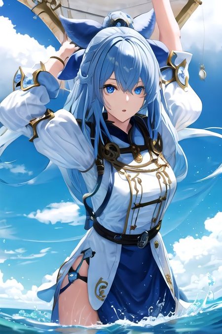 solo, 1girl, solo_focus, (((masterpiece))), ((best quality)), ((ultra-detailed)), ((too_many)):16, high resolution, absurdres, highres, ultra-detailed 8k unity wallpaper, 
1girl, blue eyes, closed mouth, cloud, ffxiv trailer cg, long hair, medium breasts, mouth mask, water