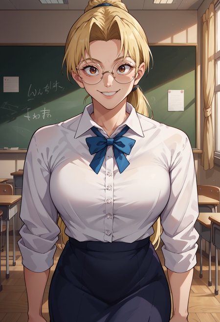 score_9, score_8_up,score_7_up, source_anime,1girl, solo, <lora:EPjjkTsukumoYuki:1>, EPjjkTsukumoYuki, long hair, blonde hair, brown eyes, parted bangs, indoors, classroom, white shirt, collared shirt, black skirt, long skirt, ponytail, round eyewear, teacher, chalkboard, smile, writing,