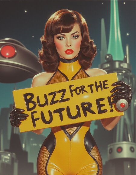 A hot cyberpunk woman in a tight yellow netrunner suit holds a sign that reads "Buzz for the Future!" In the background a giant ray gun points towards a starry sky and a UFO hovers overhead.  <lora:40sTechnicolorCyberpunk:1> arsmoviestill