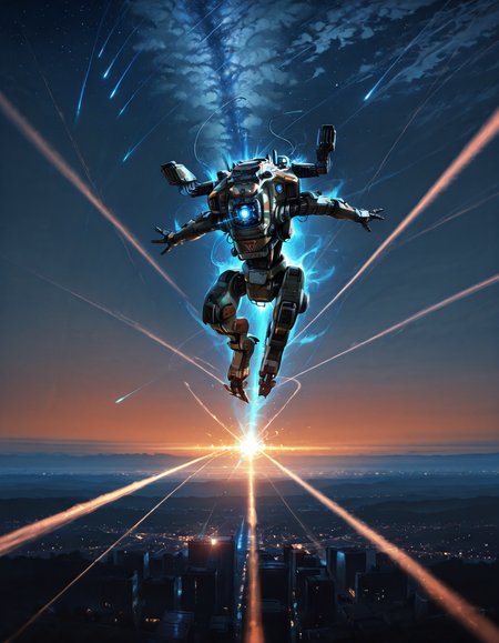 IllusP0s, night, bloom, wide shot, field of view, smear frame, motion blur,  high up, no humans, meteors,solo,detailed
,ADDBASE,
, starry night, white and blue clouds,arms,hands,meteor shower
,ADDROW,
,falling, flying, titan_\(titanfall\), titanfall \(series\), bt-7274 , mecha ,  midair, orange aura, glowing blue, blue eye trail, no humans,solo, glowing, light trail
,ADDROW,
 orange and blue urban city seen from above,legs,feet,lens flare
, <lora:titanfall:1> <lora:Detailer_NoobAI_Incrs_v1:0.6>