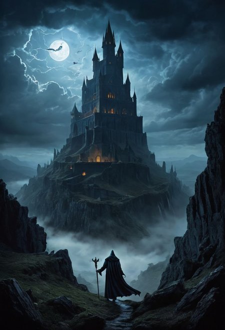 Craft a dark and fantastical scene set in a mysterious realm where sinister forces lurk and ancient secrets are whispered among the shadows. A towering citadel, shrouded in ominous mist, looms in the distance, its spires reaching towards the stormy, brooding sky. At the forefront of the scene, a cloaked figure stands, their features obscured by darkness, holding a gleaming wedge of aged, pungent cheese. The cheese exudes an otherworldly aura, with veins of dark blue snaking through its crumbly surface, emitting a faint, intoxicating scent that hints at forbidden knowledge. Sinister creatures, with twisted horns and ragged wings, skulk in the shadows, drawn to the alluring aroma of the enchanted cheese. The air crackles with arcane energy, and the very ground seems to pulse with a malevolent heartbeat, setting the stage for a dark and captivating tale of mystery and intrigue.