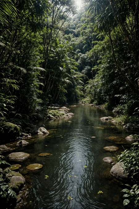 photo , photography, Fujifilm XT3 Viltrox, ((very detailed)), sharp focus,  best quality, (bright sunny sky), beautiful landscape, rainforest, jungle, stream, water ripples reflections, (small river pond), hut, stunning nature environment, high contrast, cinematic (lights), backlight, shadows, (lens flare:0.8), vibrant colors, colorful, Midnight Green flowers and leaves, <lora:Detail Tweaker LoRA add_detail:1><lora:depth_of_field_slider_v1:5>  <lora:SDXLrender_v2.0:0.9>