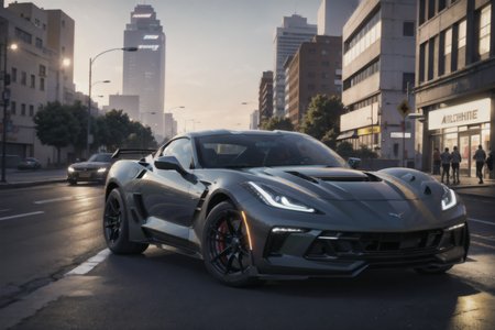 a car driving down a street next to a tall building, Altichiero, dynamic lighting, a screenshot, figuration libre, 2022 Chevrolet Corvette Z06 (C8), ultra detailed, wallpaper