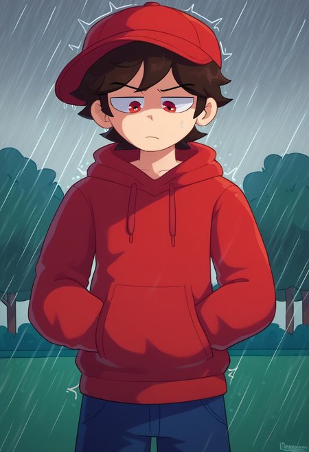 score_9, score_8_up, score_7_up, source_anime BREAK, masterpiece, best quality, absurdres, highres, 2d, moonlightdrawing, solo, male, ((dark brown hair, short hair)), ((red eyes)), ((red hoodie, long sleeves)), ((half-closed eyes, eyes looking down, unhappy, angry, depression, heartbroken)), (((headwear, red cap, hood up))), ((outside, park background, raining, storm, somber)), ((covering hands in own pocket))