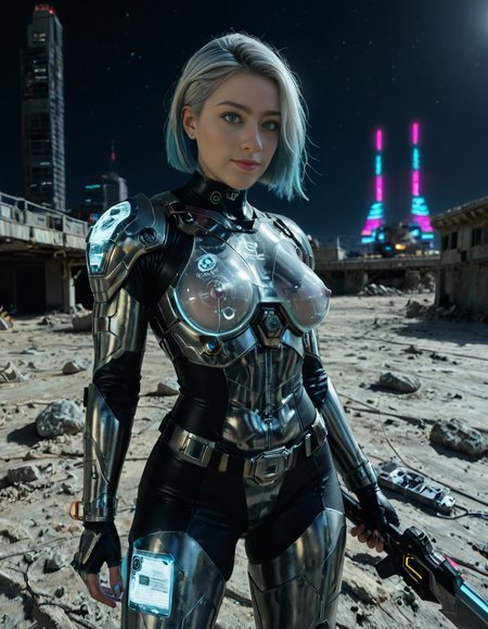 <lora:extremely_detailed:0.4> extremely detailed, <lora:moon_surf4c3_v2:1>
A woman,white hair, standing on the surface of the Moon,moon surf4c3, dressed as a cyberpunk warrior. The woman has short silver hair with subtle neon blue highlights, slightly floating as if in low gravity. She is wearing a sleek, futuristic cyberpunk armor suit made of glossy black metallic plates and synthetic fabric, illuminated by glowing neon blue and purple accents. Her armor includes visible circuits, cables, and a partial exoskeleton on her arms and legs. She wears reinforced boots with miniature thrusters.
Her expression is determined, with a faint hint of battle scars on her face and subtle cybernetic makeup that reflects light. She holds a futuristic energy sword in one hand, the blade glowing with a translucent electric blue aura. On her left wrist, a holographic interface is projected, showing futuristic graphs and symbols.
The surface of the Moon around her is rugged and gray, covered with craters and scattered rocks. In the background, the Earth appears large and vibrant in the sky, showcasing its blue oceans and green continents. The blackness of space surrounds the scene, filled with sparkling stars. Some abandoned robotic structures or antennas are visible in the distance, adding a sense of mystery.
The lighting is a mix of cold silver moonlight and glowing reflections from her armor and weapon, creating a futuristic sci-fi atmosphere. The image is highly detailed and photorealistic, inspired by modern science fiction artwork. The dominant colors are silvery grays, neon blues, purples, and black metallic tones.<lora:SDXLFaeTastic2400:0.4>, Masterpiece,best quality,hi res,8k,hi res,8k,award winning,(sharp focus, intricate, highly detailed),