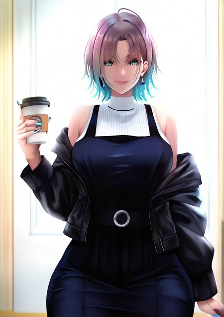 <lora:moonbo:1>,1girl, asakura toru, detailed background, huge breasts, wide hips, aqua eyes, bare shoulders, black dress, black jacket, blue nails, brown hair, closed mouth, coffee cup, cup, disposable cup, dress, earrings, fingernails, holding, holding cup, jacket, jewelry, long fingernails, long sleeves, looking at viewer, nail polish, off shoulder, open clothes, open jacket, pinafore dress, shirt, short hair, sleeveless, sleeveless dress, smile, solo, striped, striped shirt, upper body, vertical-striped shirt, vertical stripes, white shirt, 
very awa, masterpiece, best quality, highres, absurdes,amazing quality,year 2024,newest
