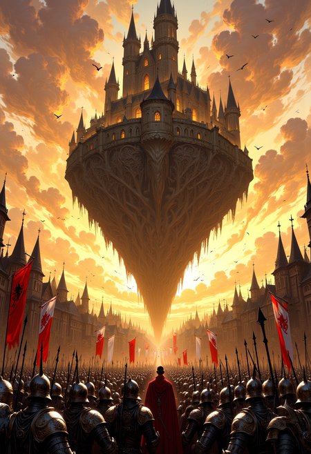mythp0rt, Image is a digital fantasy artwork depicting a dramatic scene with a large, floating, gothic-style castle suspended in the sky above a medieval city. The castle is intricately detailed with spires and arches, casting a shadow over the city below. The sky is painted in warm hues of orange and yellow, suggesting a sunset or sunrise. In the foreground, a large crowd of armored soldiers with spears and helmets is gathered, facing the castle. A prominent figure in red, possibly a leader or royalty, stands on a platform addressing the crowd. Flags with red and white designs are visible, adding to the sense of a medieval battle or rally. The overall atmosphere is tense and epic, with birds circling the floating structure, enhancing the sense of scale and wonder. <lora:FluxMythV2-000009:1>