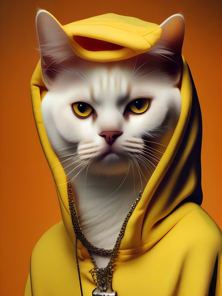 <lora:meowhoodLora_v10:1>a white  cat  and a Yellow hoodie with a chain around it's neck with Yellow eyes