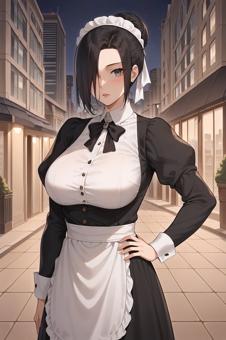score_9, score_8_up, score_7_up, source_anime, 1girl, prefect lighting, very aesthetic, intricate details, highly detailed background, masterpiece, high quality, prefect hands, best quality, solo,
<lora:Martha_Throtem_V2:.85>, KJOmartha, black hair, grey eyes, parted bangs, 
 hair bun, hair bow, hair over one eye, 
maid outfit, maid apron, 
looking at viewer, hand on own hip, expressionless, blush, 
City, night, skyscraper, night life, street lights, outdoors,
(Beautiful, large Breasts:1.2), natural breasts,