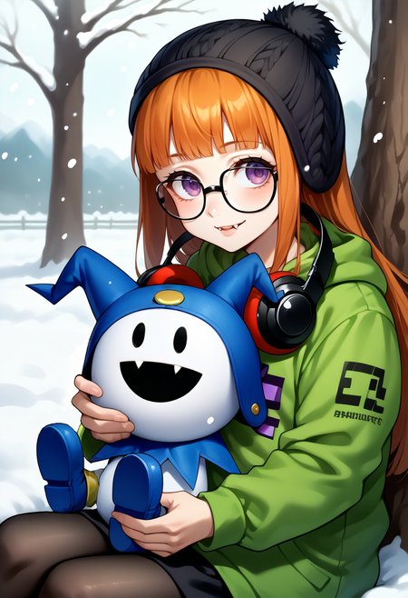 score_9, score_8_up, score_7_up, source_anime, snow, snowing, sitting under tree
BREAK 1girl, <lora:zs_FutabaXL:1>,futabawinter, orange hair, long hair, blunt bangs, purple eyes, glasses, headphones around neck, black beanie, green hoodie, black skirt, black pantyhose looking at viewer, smile, holding mini person, 
BREAK no humans,  <lora:Jack-Frost-pdxl_Fp:1>, jackfrostsmt, creature, white skin, solid oval eyes, :d, fangs, jester cap, happy, hug, blue footwear, waving,