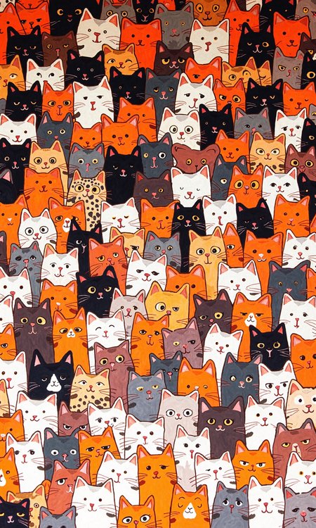 A vibrant and densely packed image of numerous cartoon cats. 
The cats are diverse in color, ranging from solid black, shades of orange, white, gray, and blue, to combinations thereof.  Many cats have intricate patterns.
The cats are uniformly sized and positioned in a tightly clustered arrangement, filling the entire frame. Notably, each cat's face and expression is distinct; their gazes and slight facial details contribute to a humorous and engaging overall feeling.
The background is not distinguishable; it simply appears as the continuous, clustered arrangement of the cats' bodies. The focus is entirely on the multitude of cats., <lora:FLUX-daubrez-DB4RZ-v2:0.8> DB4RZ, DB4RZ style painting