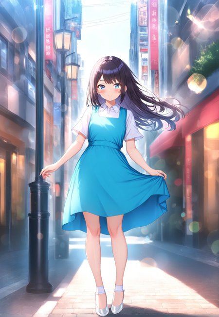 masterpiece, best quality,amazing quality,(1girl), solo,(depth of field),(solo focus),8K,HDR,(ultra high res),(highres),(full body),(lens flare),smile,blush,(black hair),(long hair),(blue eyes),(floating hair), sidelocks,(malaysian secondary school uniform),(pinafore dress),(aqua blue skirt),(blue pinafore),(collared shirt),(white shirt),(short sleeves),(white socks),(short socks),(white footwear),(ballet flat),(outdoor),(cityspace),(city),(street),(lampost),(standing),(looking at viewer)