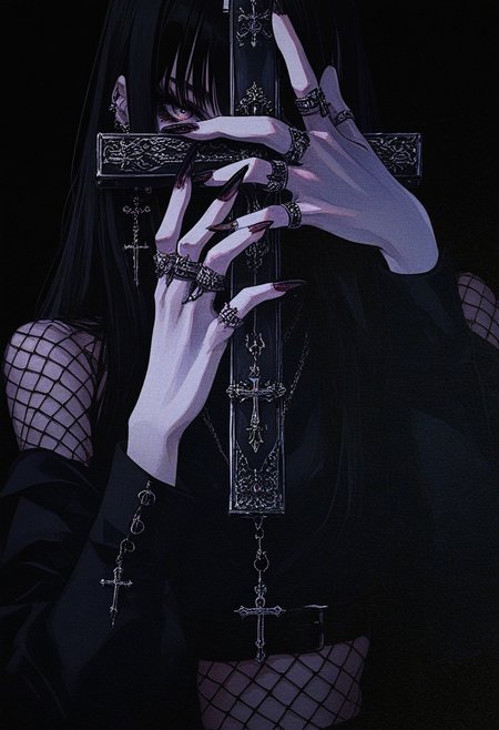 DRKWB, solo, jewelry, fishnets, ring, cross, holding, earrings, weapon, black hair, black background, fingernails, gun, 1girl, looking at viewer, holding weapon, long sleeves, upper body, long fingernails, multiple rings, long hair, holding gun, bangs