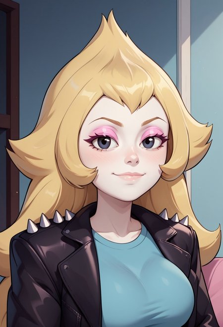 ((bedroom background)),score_9, score_8_up, score_7_up,score_6_up, 
1girl, Solo, Vidalia_SU, pale white skin, black eyes, blonde hair, long wavy hair, pink eyeshadow, black leather jacket with spikes on the shoulders, light blue t-shirt, blue-grey skinny jeans, high white boots, big eyes, tall stature, social smile, perfect eyes, perfect smile, looking at the viewer, big breasts, detailed eyes, perfect eyes, cute, standing, (front view,bust shot,close up to face,face portrait:1)