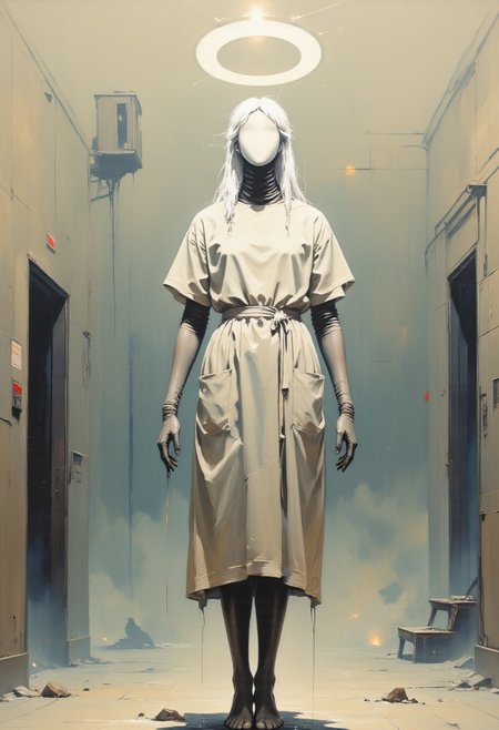 A flat, endless space. No texture, no floor—just a muted canvas of soft light and soft nothing. Floating above the ground by inches: a barefoot figure in a hospital gown, face obscured by a loose halo of white hair that falls like liquid static. She doesn’t move. She doesn’t need to.
Instead of a face, she wears a single, featureless ceramic oval—perfectly smooth, reflecting nothing. No eyes, no mouth. But there’s something underneath. You feel it. A presence—not malevolent, not kind, just… watching.
Her arms hang weightless at her sides. Fingers long, uncannily still. On the inside of each forearm: looping text written in unknown script, glowing just faintly, like the dying battery of something ancient.
Above her head: a ring of static pixels, orbiting like a broken halo, sparking faintly with glitchlight every few seconds. No sound. No hum. But the silence feels like it’s listening.
Behind her: faint outlines, like imprints in the air. One looks like a door, one like a staircase, one like a person walking away—each formed entirely of shadow, too far to touch, too close to ignore.
The mask does not blink. But somewhere inside it… something does.