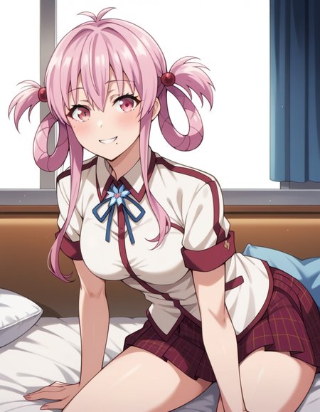 score_9, score_8_up, score_7_up, source_anime, uncensored, <lora:StS_detail_slider_v1:3>, zPDXLxxx, <lora:Momo_Sakurabara_PONYXL_VexVexX:1>, MomoSakurabara, 1girl, pink eyes, pink hair, twintails, hair rings, sidelocks, hair bobbles, hair ornament, bangs, mole under mouth, medium breasts, school uniform, ribbon, plaid skirt, pleated skirt, cowboy shot, indoors, from back, Sitting on a cushion with legs folded to one side, leaning slightly forward with hands resting on the floor in front, thighs, looking at viewer, smile,