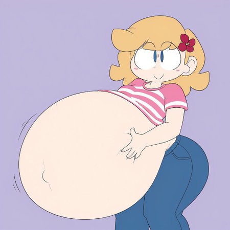 HappyLikeAWall, 1girl, black eyes, single hairflower, closed mouth, blue eyes, blonde hair, pink striped shirt, jeans, gigantic belly,
