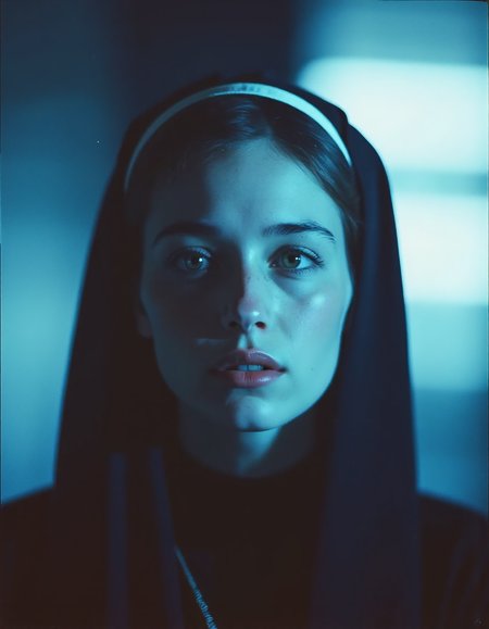 n30nfilm. A minimal photo of a nun with pale skin, neon blue details in the background, dramatic lighting, soft light, light projection in the background, grain, in the style of instant film, Ilford XP2 Super, color negative film, add noise, saturated image.