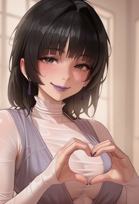 1girl, solo, medium build, medium hair, sfw, safe for work, covered skin, flowy dress,  black eyes, purple lipgloss, smiling, portrait, upper body, heart hands, foreshortening, detailed, newest, hyuk