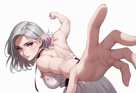 abbystea style, (score_9, score_8_up, score_7_up, highest score, best quality:1.2), zPDXL3, good_hands, hi-res. 8k,  1girl, silver hair, medium hair, large breasts, pink eyes, mole under mouth, BREAK  cute white dress, clothing cutout, halterneck dress, BREAK IncrsPunchMeme, incoming punch  BREAK  dramatic lighting, perfect hands, perfect eyes (detailed realistic background:1.3), (high quality:1.1), (ultra detailed:1.1)