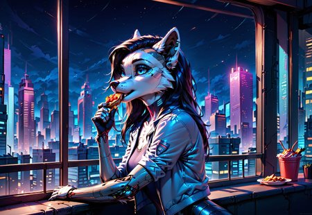 score_9, score_8_up, score_7_up, score_6_up, photorealistic, epiCPhotoGasm-colorfulPhoto, Realistic, highres, super high resolution, 8k, photo, furry, Furry, anthro, fur, wolf, female, long black hair, implants, implant eye, robot, furry, eating, food,  close-up, window, cyberpunk, night, cyber city, cyberpunk city, metallic eye, metallic arm, metallic fur, robot, jacket, silver jacket, thin body, T-shirt, night, roof, roofs, implanted hand, roof, city, cyberpunk city, cyberpunk, realistic, detailed, detailed fur