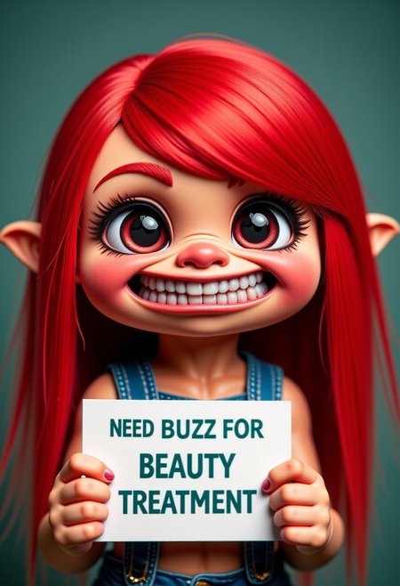 An ugly but cute little troll, staring at the viewer. She has a huge grin with ugly sharp teeth. She is holding a card with a text that reads: "NEED BUZZ FOR BEAUTY TREATMENT"