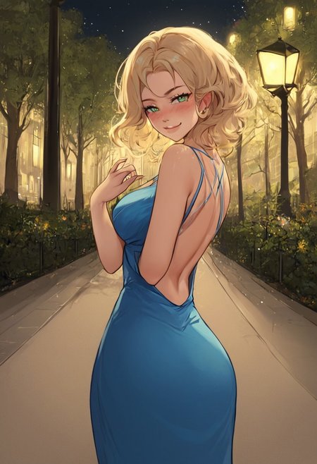 masterpiece,best quality, highly detailed, score_9, score_8_up, score_7_up, score_6_up,source_anime, 
BREAK. 
Girl:  1girl, smiling, blonde hair, blue dress, green eyes, looking at viewer, blush,  sexy, dim, sexy pose, hot, girl focus,  smirk, ,back Pov, looking back, looking at viewer, walking in a park, at night, park lights