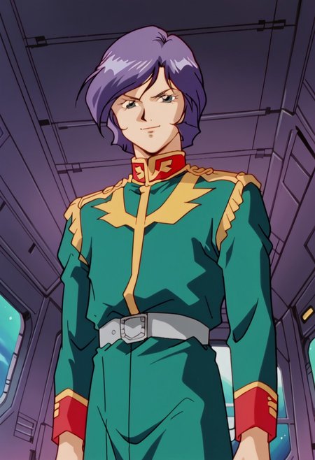 score_8, score_8_up, score_7_up, AWGXS, anime screenshot, retro artstyle,1990s (style), cel animation BREAK 1boy, male focus, solo,  garma_zabi, black eyes, violet hair, best eyes, zeon uniform, smug, cowboy shot, looking at viewer, indoors, spacecraft interior, spacecraft bridge,