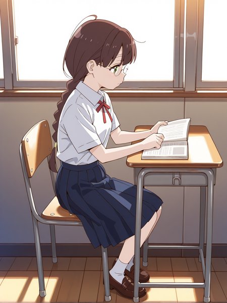 (masterpiece:1.4), (best quality:1.4),  very aesthetic, newest,best quality, amazing quality, very aesthetic, absurdres,
shirt,  blue skirt, pleated skirt, brown footwear, loafers, half sleeves,  white shirt, neck ribbon, red ribbon, collared shirt, white socks
sitting chair,desk,reading, from side
hikage_takumi, 1girl, , solo, green eyes, glasses,  brown hair, , braid,  long hair,ponytail,single braid, black hair,bangs, ahoge, 
<lora:hikage_takumi:1>
full body
classroom,window