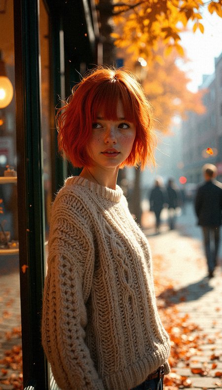 Create a photorealistic composition featuring a glamorous young beauty with vibrant red hair in a small-town street scene during autumn. She is near a shop window, wearing A cozy sweater with chunky cable knit patterns, perfect for a warm, autumnal vibe. Her short, tousled bob frames her freckled face, capturing the soft light from nearby streetlamps. The cobblestone pathway is sprinkled with fallen leaves in shades of orange and yellow, and the street is lined with charming brick buildings. Trees with autumn foliage add color to the scene, while a gentle mist envelops the background, adding depth and tranquility. The woman’s expression is thoughtful, as she gazes away from the camera, lost in contemplation. The overall atmosphere is warm and nostalgic, with soft shadows enhancing the realism and capturing the essence of a peaceful autumn day in a quaint town.Subtle mist enveloping the street for a dreamy effect.Detailed textures on the brick pathway.Realistic light reflections in the shop windows.Natural texture on her hair strands.

Walking slowly along the street, her gaze fixed on the ground, while vibrant autumn leaves swirl around her.



