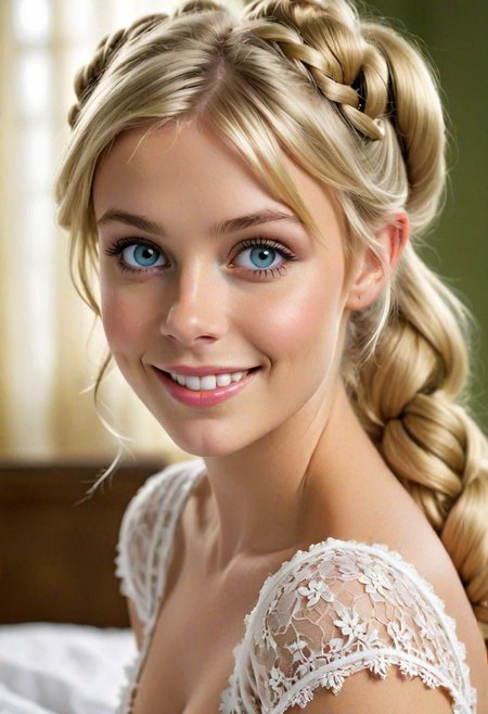 (Tinker-Bell, Provocative, perky) Amazing blonde, pigtails, white Lace Negligee,  perfect face, amazing eyes, perfect eyes, detailed, realistic, professional photography, hyper-detailed, beautifully color-coded, insane details cute-smile