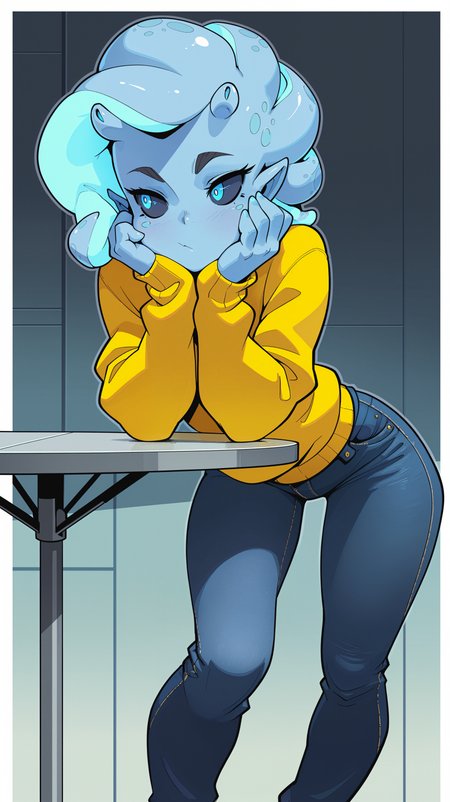 masterpiece, best quality, amazing quality, girl,  <lora:Crestyle_Illu_epoch_15:0.8>, Crestyle, dynamic pose, head rest, alien girl, blue skin, blue eyes, tentacle hair, yellow sweater, jeans, science fiction, futuristic,