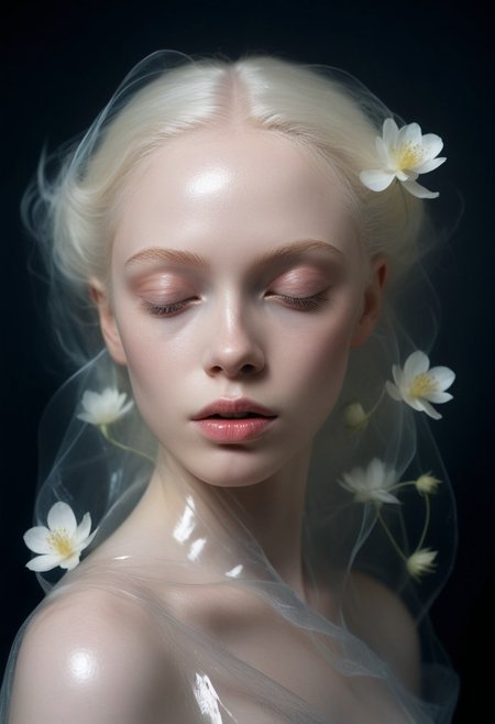 Hyper-realistic photo of a professional model with pale skin posing for a fashion photoshoot.(Eyes are closed) She is entirely wrapped in transparent film,with tons of flowers under the film covering her skin. The shot is a mid-body shot., symmetry and balance,<lora:add-detail-xl:1>,<lora:MJ52:0.5>,artistic photorealism , smooth, great masterwork by Suiras <lora:add-detail-xl:2> <lora:Double_Exposure:0.5>(electricblue and unique colors:0.1), (Dark Fantasy Aesthetic:1.2), (Glamour:1.3) photo of a 20yo, (strikingly beautiful:1.2) vivacious, enigmatic, ethereal, (albino:1.3) (nymph:1.3), (albinism:1.4), Lengthened Rectangular Face with Noticeable Jaw and Cheekbones, Clean, Straight Eyebrows, Wide-Set Close-Set Eyes, Majestic Aquiline Nose, Full Lips, windswept (Fine) (stylish short white hair:1.3), (looking at viewer),(Ashen skin:1.3), (flawless skin:1.3), (shiny skin), diaphanous white dress, high neckline on dress, (foggy:1.4), (bathed in thick fog:1.4), (half-obscured:1.3), (Close up:1.2), Dutch Angle), (dynamic composition:1.2), (shallow depth of field:1.2), bright lighting vibrant, in the style of (Ansel Adams:1.3) (Rule of thirds:1.1) Show less