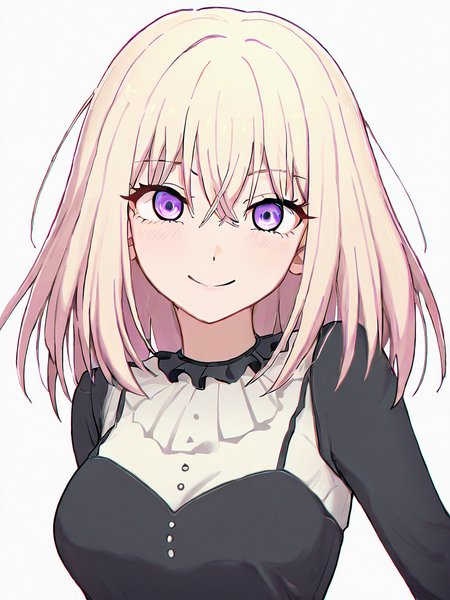 misumi uika, 
amazing quality, 1girlï¼soloï¼, sidelocks, white background, breast, smile, dress, simple background, long sleeves, black dress, looking at viewer, blonde hair, medium hair, upper body, solo, medium breasts, purple eyes,
masterpiece, best quality, very aesthetic, absurdres
 <lora:misumi_uika_ill_sdxl:1>