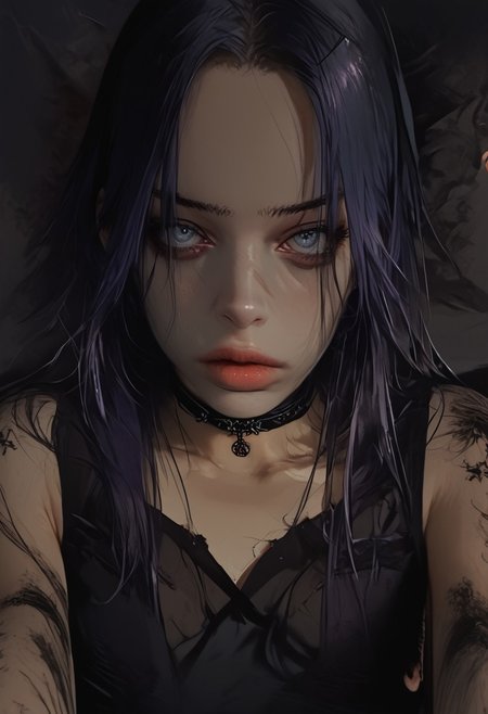 score_9, score_8_up, score_7_up, sinozick style , flat color, dark theme , source_comic, 1girl, solo, long hair, purple hair, choker, tattoos, black gothic dress, fishnet arm sleeves and gloves,  gothic dungeon background, lookig at viewer, 
BREAK
cinematic angle, unique perspective, dramatic lighting