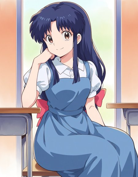 score_9, score_8_up, score_7_up, source_anime, <lora:akane-tendou-leak-ponyxl-lora-nochekaiser:1>, akane tendo, long hair, black hair, brown eyes, blue hair, sidelocks,, school uniform, pinafore dress, short sleeves, collared shirt, puffy sleeves, blue dress,, indoors, smile, looking at viewer, solo, sitting, head rest, table,, cowboy shot, dutch angle