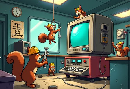 Picture a bustling, cartoonish control room where frantic squirrels wearing tiny hard hats are racing around, trying to fix a giant, retro-style computer. One squirrel hangs upside down, wielding a wrench on a loose bolt, while another tries to unplug and replug a massive, sparking power cable. In the background, a coffee machine is overflowing, and a cheeky note on the wall says, 'Oops! Our Nuts and Bolts Need Tightening!' The scene is filled with vibrant colors and humorous details, creating a lighthearted and chaotic atmosphere that perfectly captures the chaos of maintenance mode.
