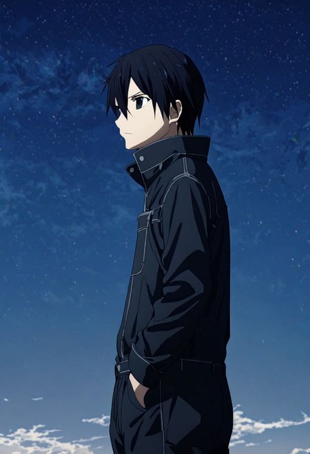 high resolution, professional photography, best quality, 1Boy, Kirigaya Kazuto, Black Hair, Black Eyes, overalldetail, existential longing, ultimate sky