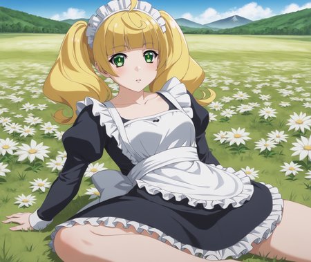 score_9, score_8_up, score_7_up, highres, hi res, best quality, masterpiece, 2d, intricate details, 4k, anime coloring,
1girl, solo, female, solo focus, blonde hair, twintails, green eyes, ahoge, blunt bangs, sidelocks,
breasts, medium breasts, small breasts, maid headdress, maid, maid apron, long sleeves, frilled skirt, frills, frilled dress, frilled sleeves, maid dress, collarbone, 
sitting, on back, cowboy shot, head tilt, looking up, outdoors, on grass, field, flower field, depth of field, mountain, horizon, blue sky, <lora:Yuzu1024_Pony:1>, ren'ai boukun, kichougasaki yuzu,