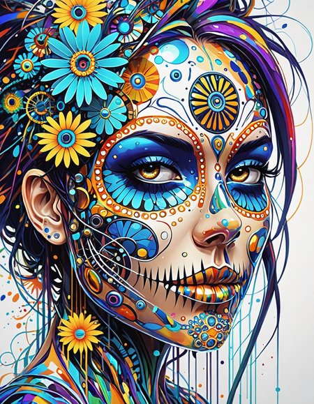 abstract style abstract art (sugar skull:1.2), biomechanical, multicolored acrylic bubbles and daisies, water distortions, from side, looking at viewer, highly detailed human eyes, intelligent eyes, blend of organic and mechanical elements, futuristic, cybernetic, dark theme, style of Stan Manoukian style of Agnes Cecile, . non-representational, colors and shapes, expression of feelings, imaginative, highly detailed