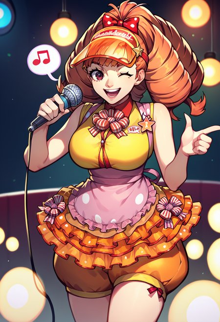 score_9, score_8_up, score_7_up, 1girl, cowboy shot, open mouth, smile, wink, holding microphone, spoken musical note, <lora:zs_KanamiXL:1> kanamiidol, orange hair, long hair, drill hair, visor, apron, sleeveless, big breasts, frilly skirt, puffy shorts, stage lights