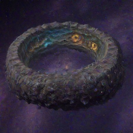 lumenarium, (ring world):2, at the fantasy space with purple nebulas, lumenar:3 at the mid, (earth planet landscape on inner surface of the ring world):2, (yellow shiny  crystal at the mid):3, outer surface of the ring world covered by very small crystals, realistic, forests, seas, rivers on inner surface of the ring