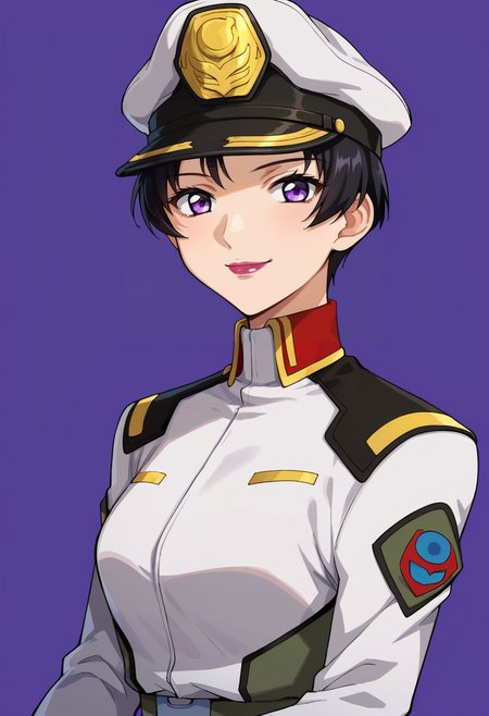 score_9,score_8_up,score_7_up,anime coloring BREAK source_anime,anime,<lora:Natarle_Badgiruel_Gundam_SEED_Pony:0.7>,natarle,1girl,solo,purple eyes,black hair,short hair,purple lips,peaked cap,military uniform,smile,multicolored background,looking at viewer,portrait,upper body,looking at viewer,