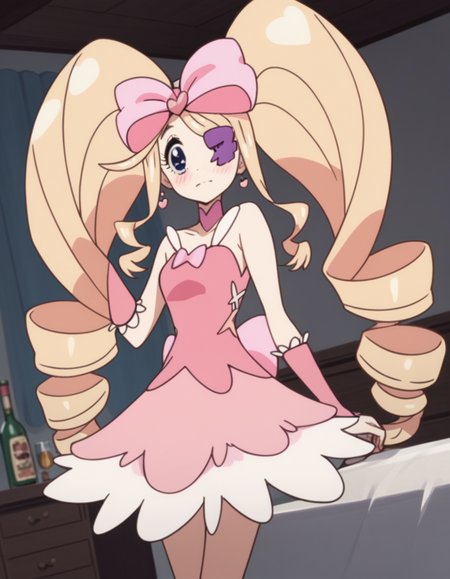 score_9, score_8_up, score_7_up, source_anime,
nuiharime, <lora:nui-harime-s1-ponyxl-lora-nochekaiser:1>,
nui harime, big hair, blonde hair, blue eyes, drill hair, eyepatch, hair bow, long hair, pink bow, twin drills, twintails,
boots, bow, dress, eyepatch, hair bow, pink footwear, strapless, strapless dress,
indoors, bed, bed room, on side, blush, drunk,
solo, dutch angle, looking at viewer, cowboy shot,