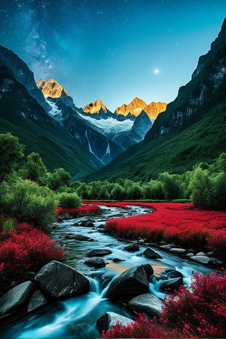 (((a wide, verdant valley surrounded by towering peaks, with a winding river that glows faintly under the stars.))), Rich Reds, Passionate Vibe: vibrant lighting, red tones, sharp focus, passionate ambiance, bold elements, rich textures, intense look, lively atmosphere, passionate aesthetics, capturing emotions, vibrant scenes, artistic feel, storytelling through colors, professional technique, striking visuals, passionate concept, bold styling, vibrant environment, surreal aesthetics, captivating narratives, intricate details, passionate landscape, editorial storytelling, rich glows, evoking passion, pushing creative vision <lora:add-detail-xl:2> <lora:Cosine_freck:1>