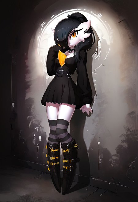 (((gardevoir))), female, black hair, ponytail, pale skin, (score_9, score_8_up, score_7_up), 1girl, 20 year old, long black hair, hime cut, perky breasts, cleavage, pretty face, looking at viewer, brown eyes, light freckles, oversized hoodie, black skirt, striped thigh-high socks, gothic boots, leaning on wall, detailed background, hidden area, volumetric lighting, vivid colours,  g0thicPXL, glowing, neon, portrait shot, face focus,