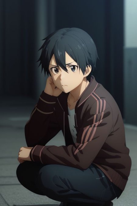 high resolution, solo, best quality, 1Boy, Kazuto Kirigaya, portraits, Black Hair, Black Eyes, lofi, candid, squat, depth of field, photo model, looking at viewer, OverallDetail