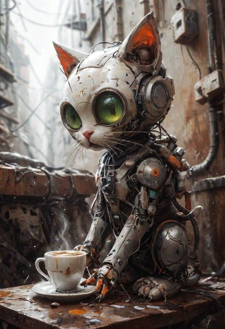 (Robot) (Utopa city)
photo-realistic,
higly-detailed,
cat wearing a futuristic space suit,
serious expresssion
a orange and white kitty sipping a mug of hot coffee holding it with it's two front paws,
lapping up the coffee as if it were drinking water,
light green eyes,